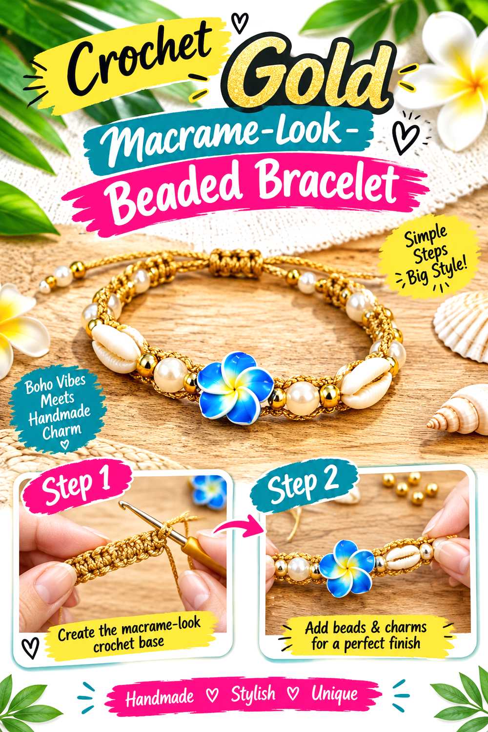 Crochet Gold Macrame Look Beaded Bracelet