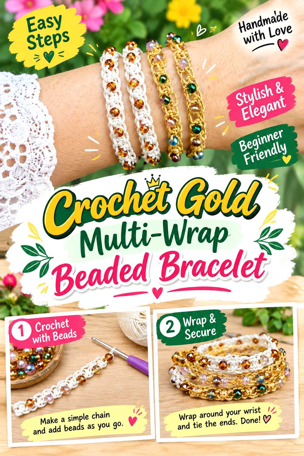 Crochet Gold Multi Wrap Beaded Bracelet
