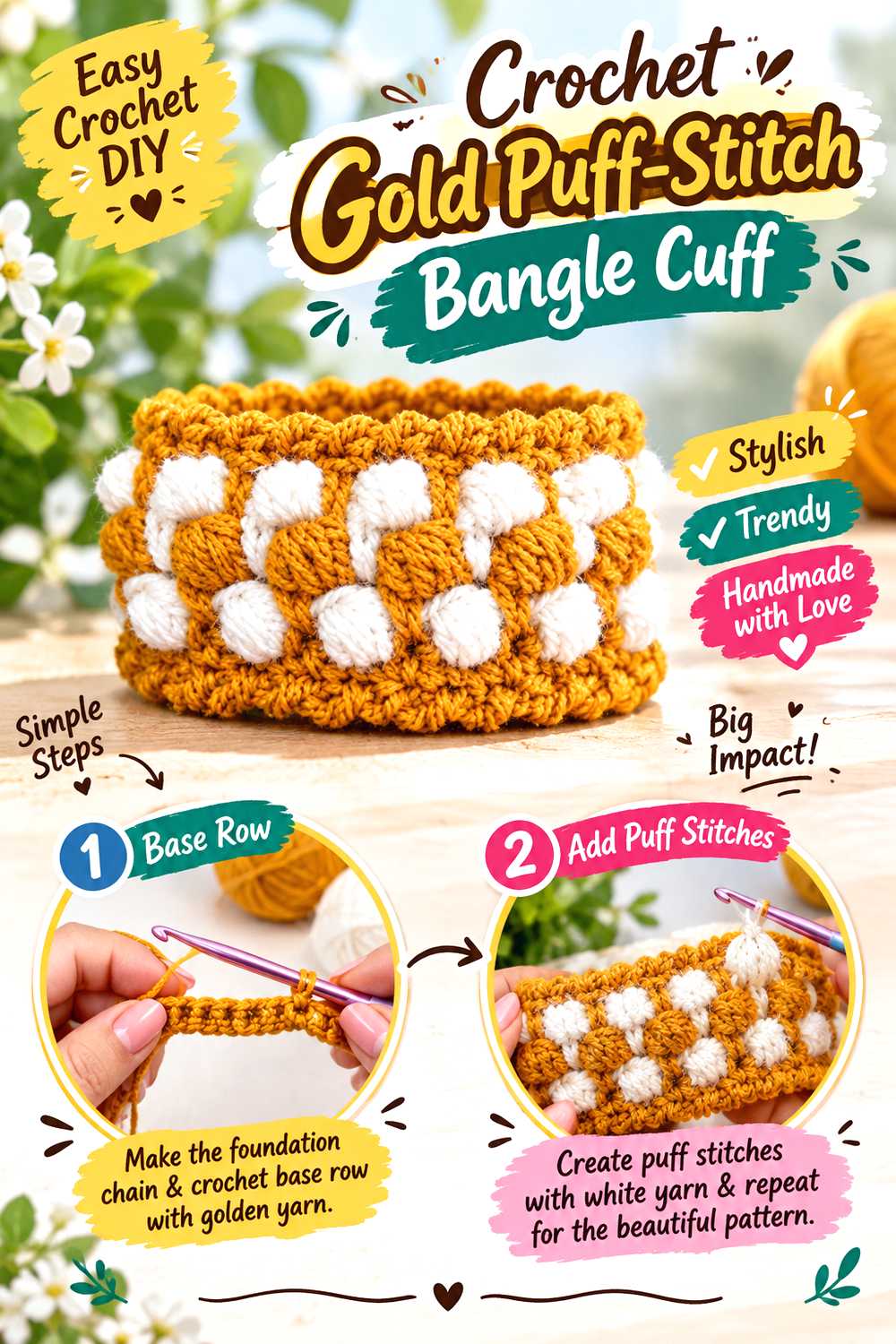 Crochet Gold Puff Stitch Bangle Cuff