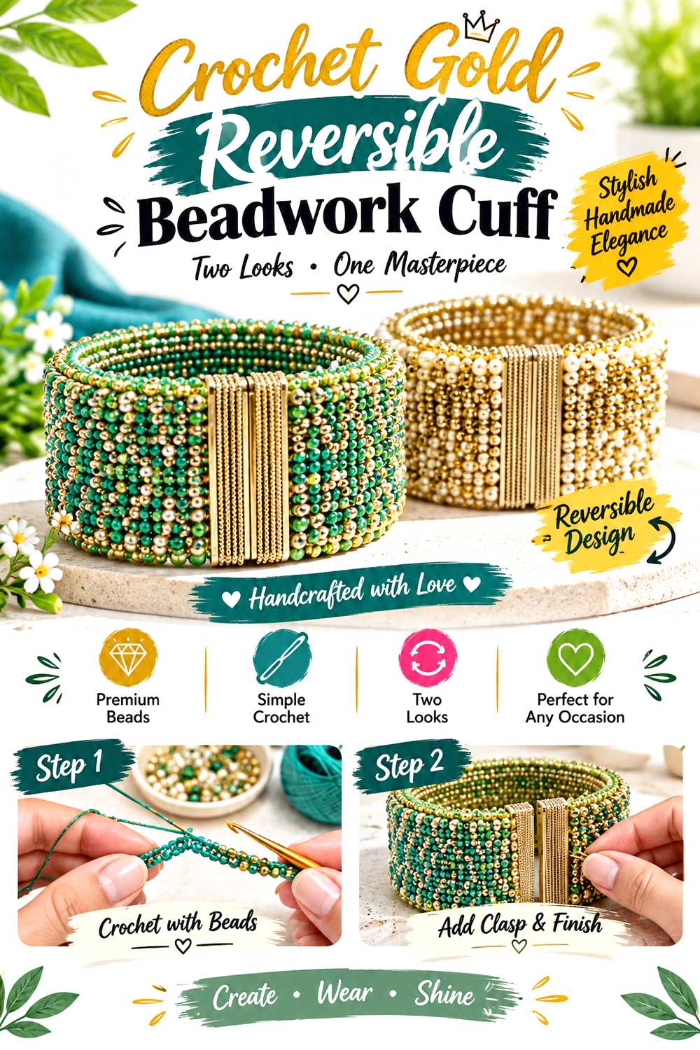 Crochet Gold Reversible Beadwork Cuff