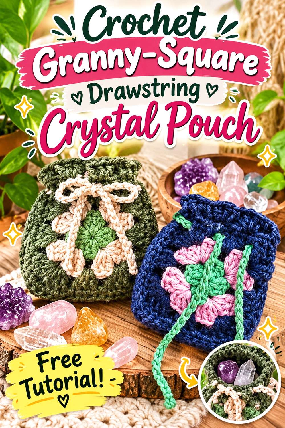 Crochet Granny-Square Drawstring Crystal Pouch