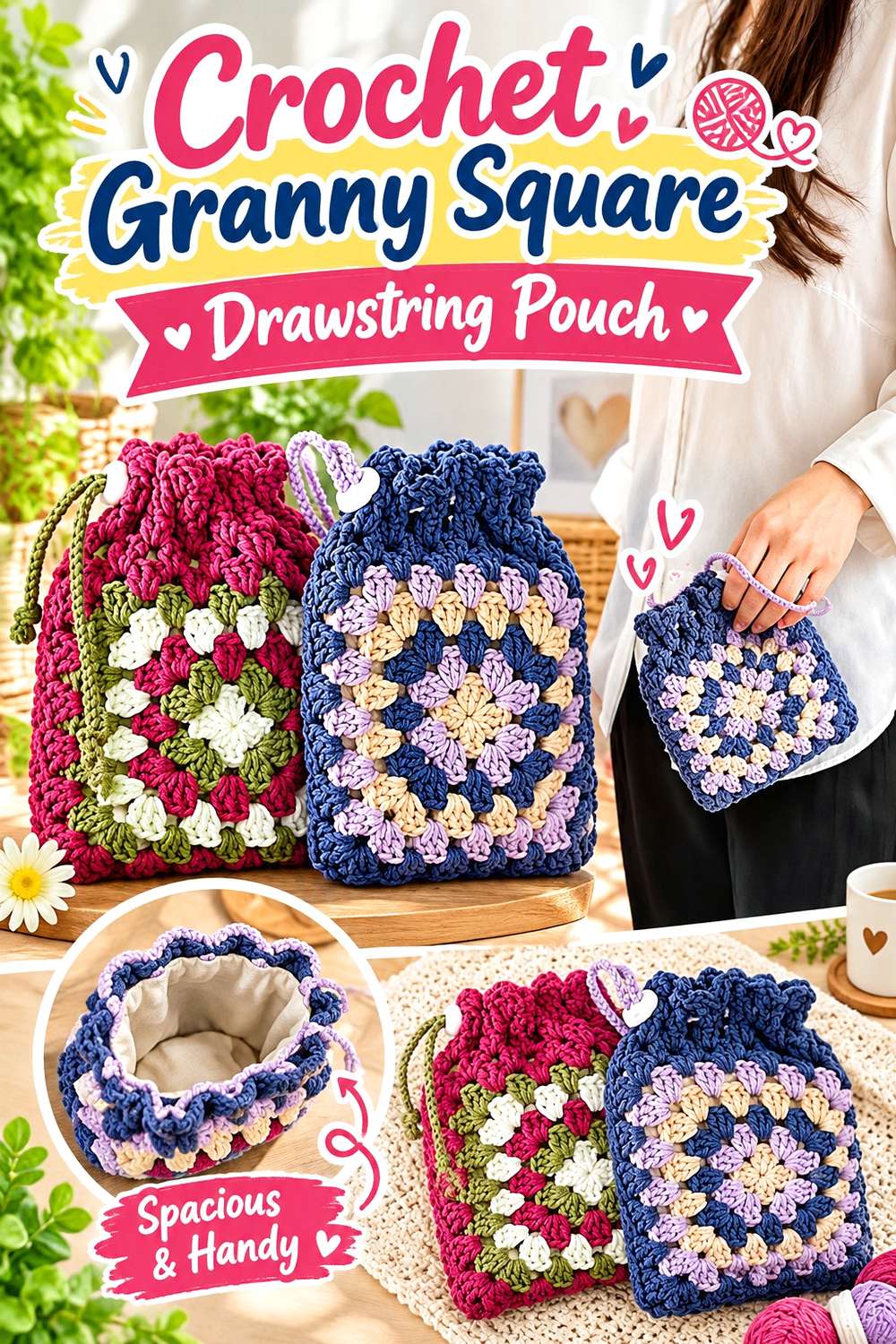 Crochet Granny Square Drawstring Pouch