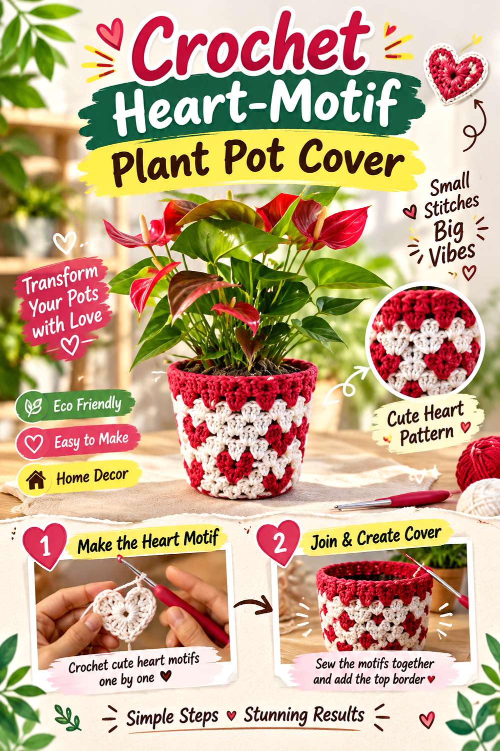 Crochet Heart-Motif Plant Pot Cover
