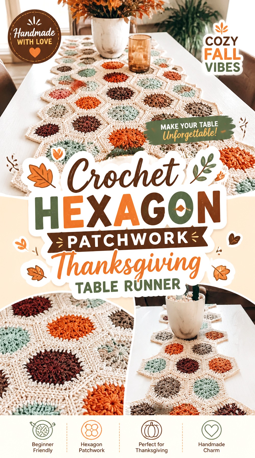 Crochet Hexagon Patchwork Thanksgiving Table Runner