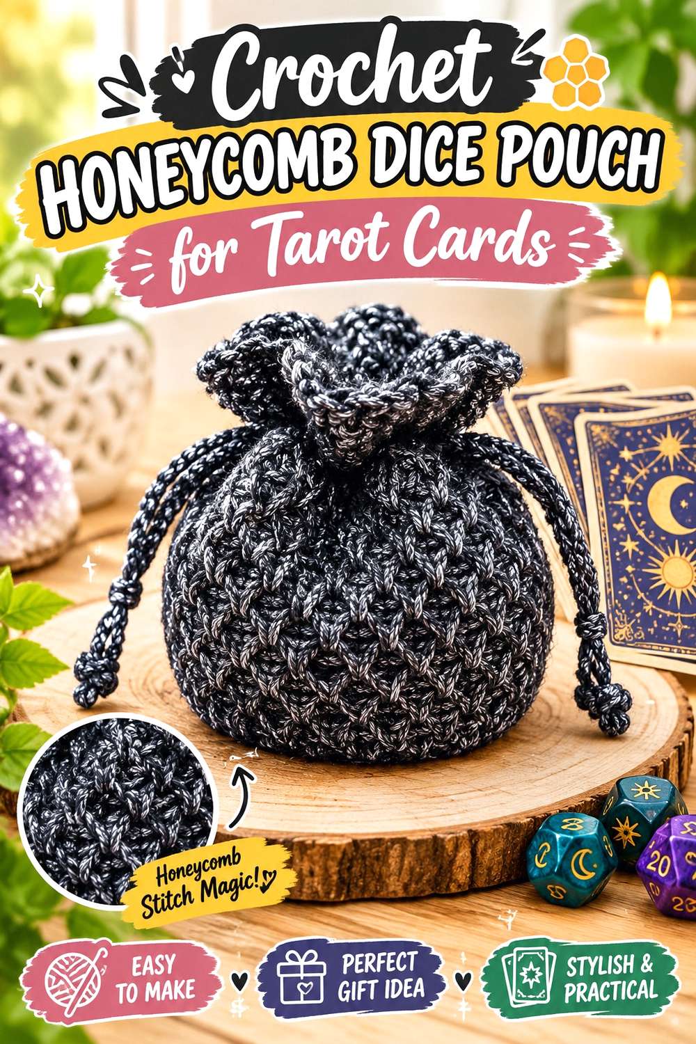 Crochet Honeycomb Dice Pouch for Tarot Cards
