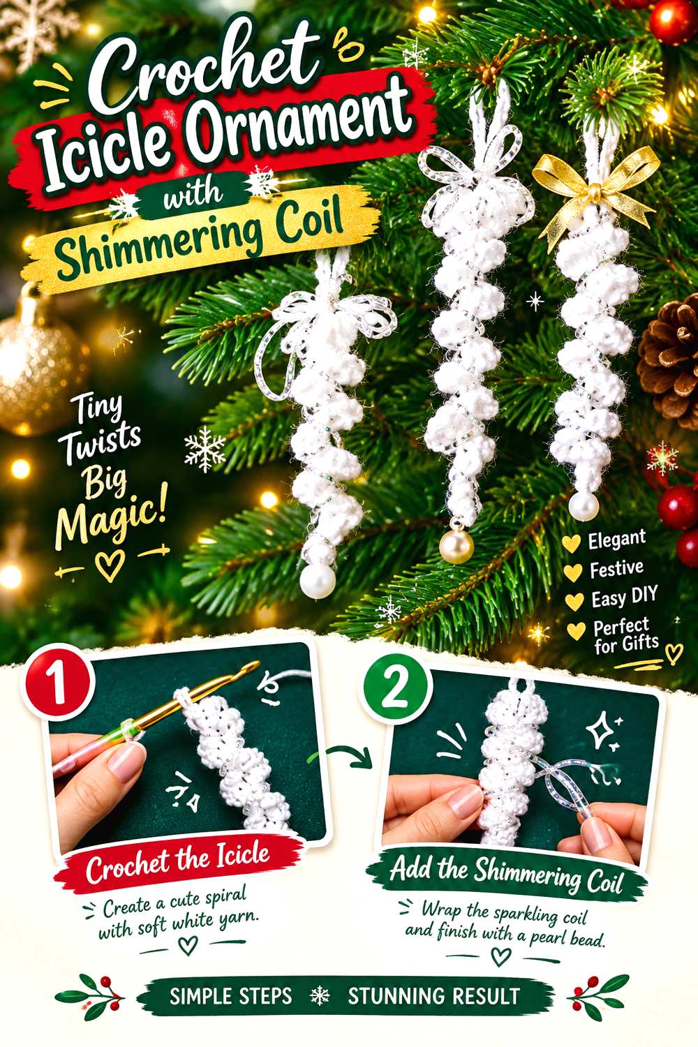 Crochet Icicle Ornament with Shimmering Coil