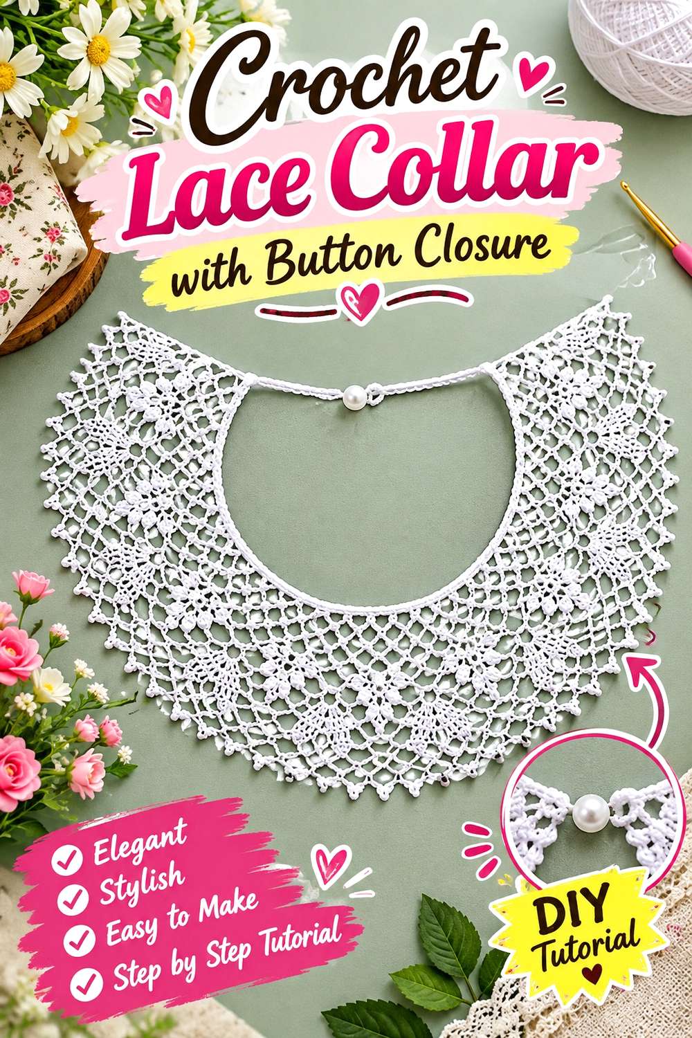 Crochet Lace Collar with Button Closure
