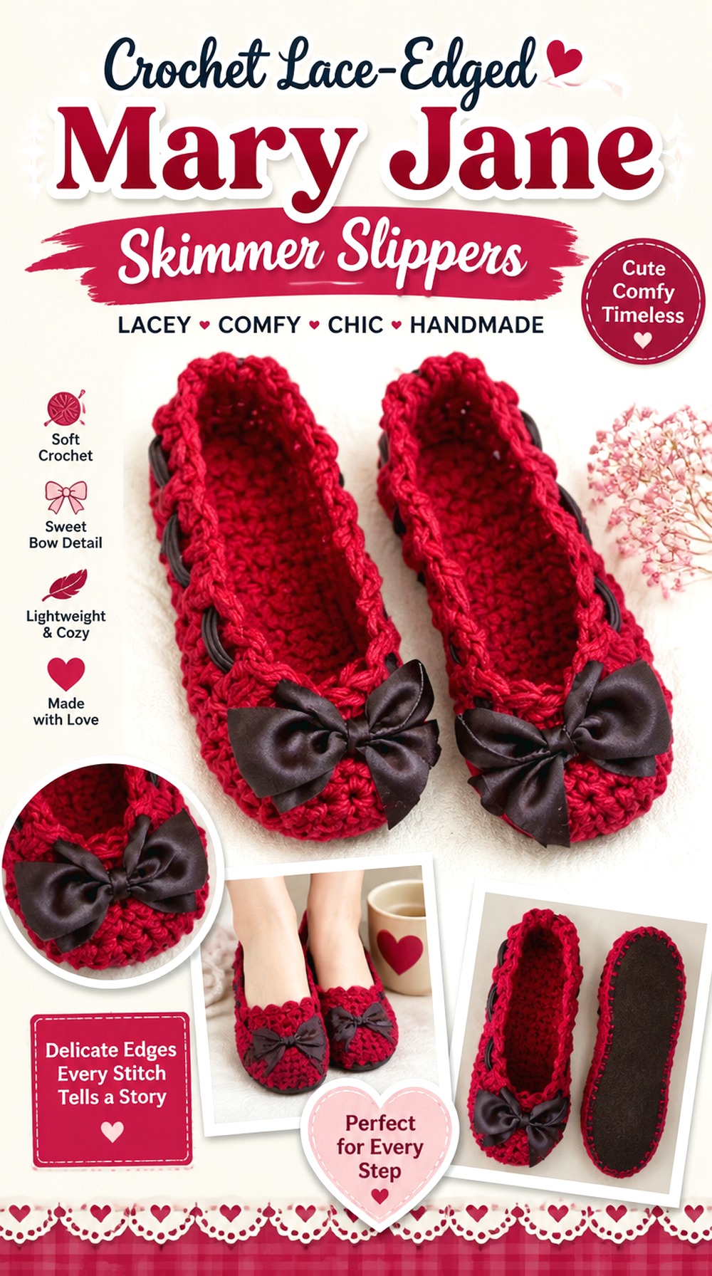 Crochet Lace Edged Mary Jane Skimmer Slippers