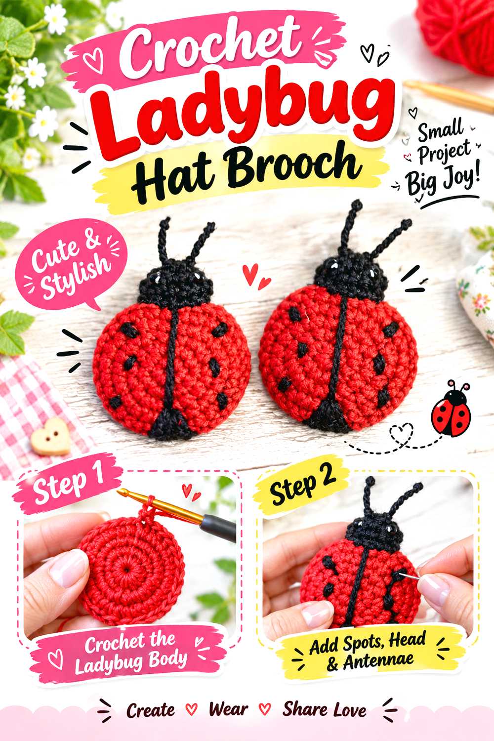 Crochet Ladybug Hat Brooch