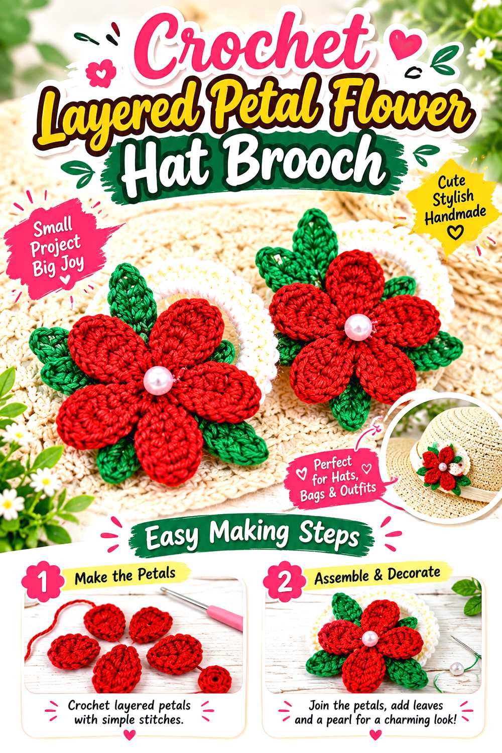 Crochet Layered Petal Flower Hat Brooch