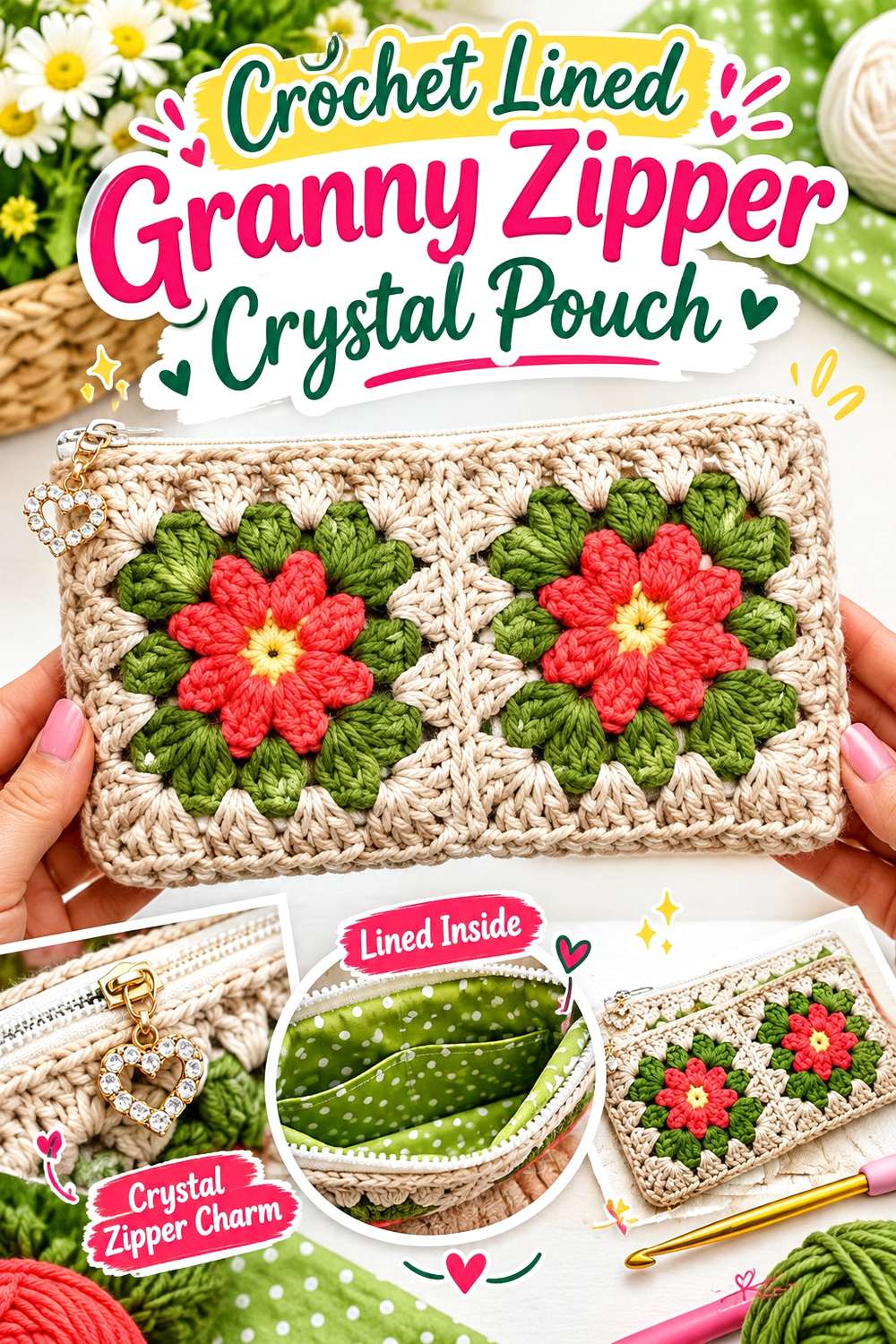 Crochet Lined Granny Zipper Crystal Pouch