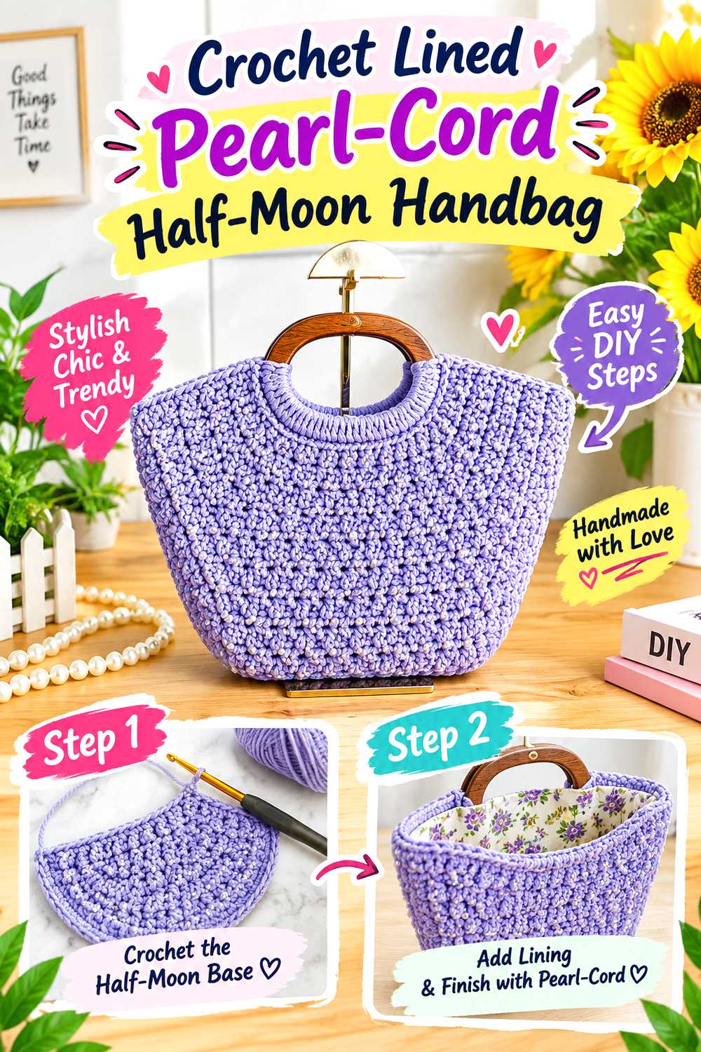 Crochet Lined Pearl Cord Half Moon Handbag