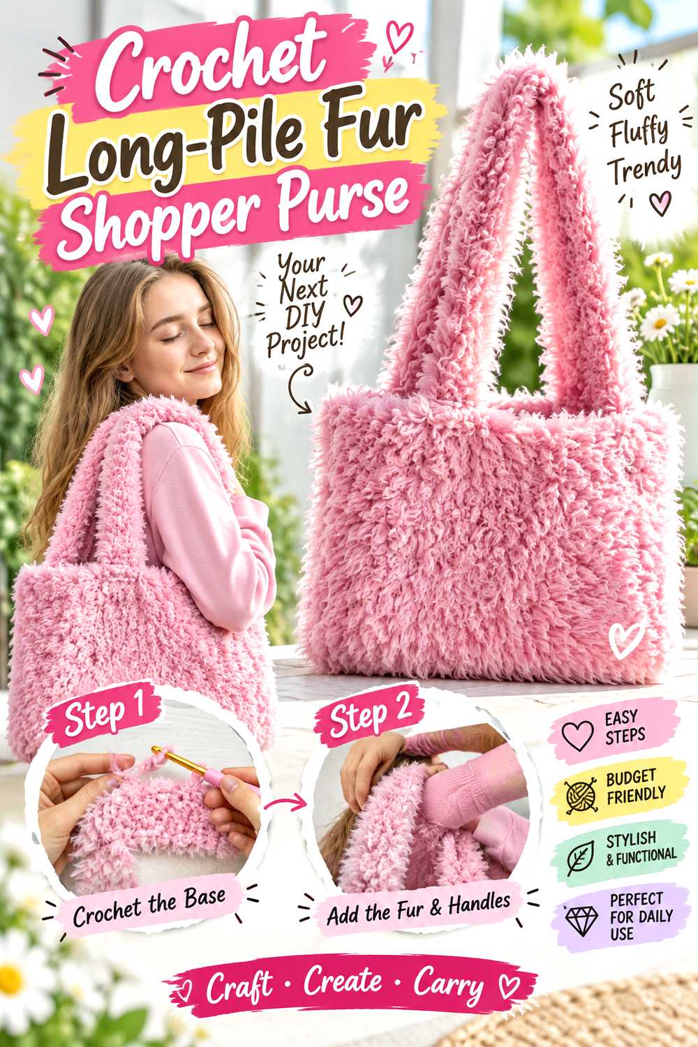 Crochet Long Pile Fur Shopper Purse