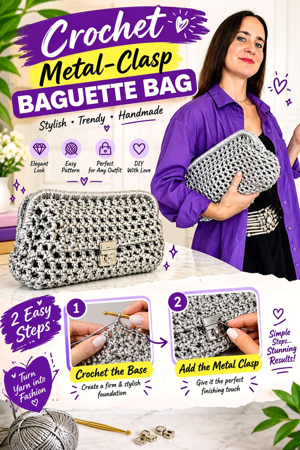 Crochet Metal-Clasp Baguette Bag