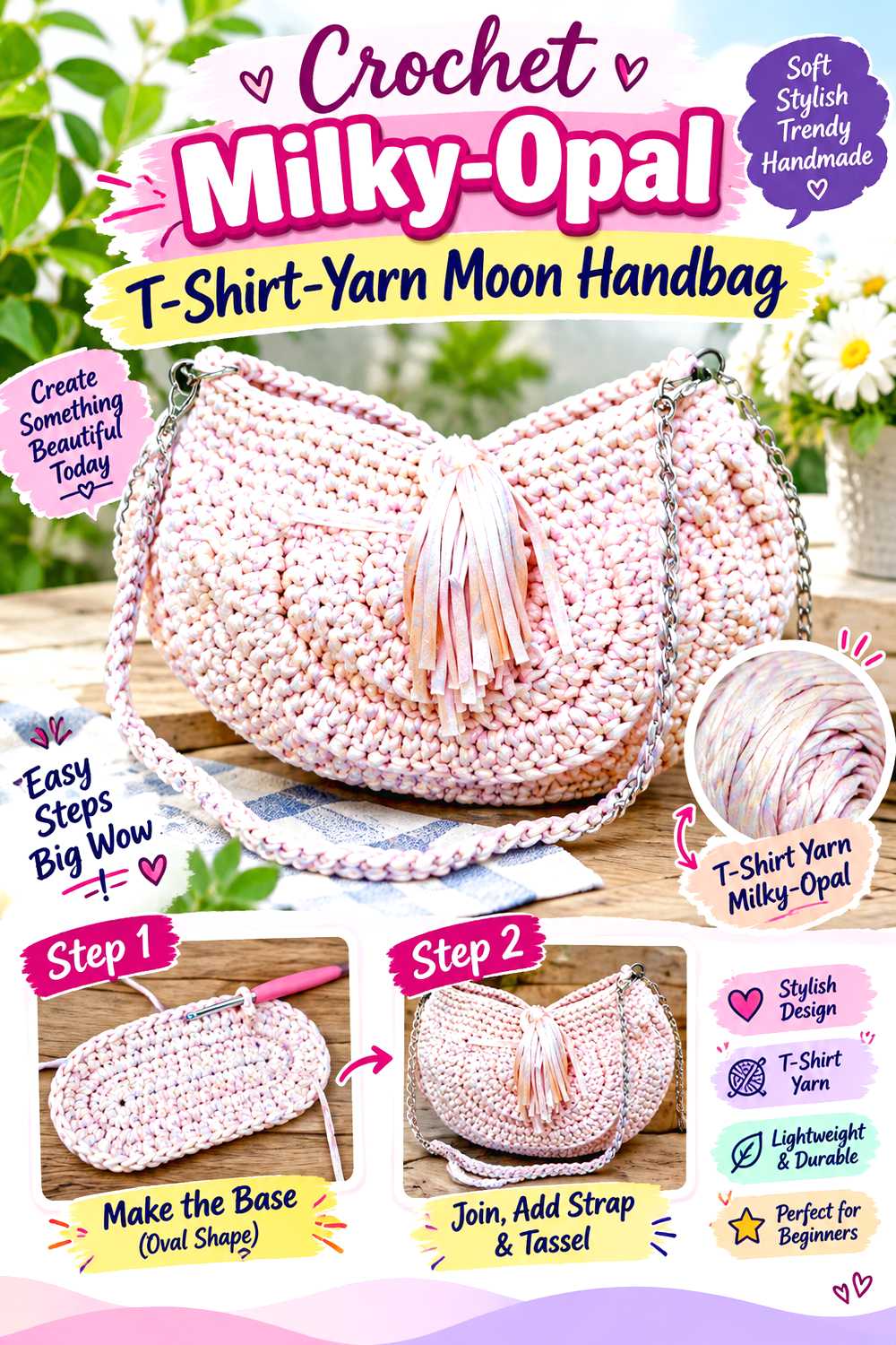Crochet Milky Opal T Shirt Yarn Moon Handbag