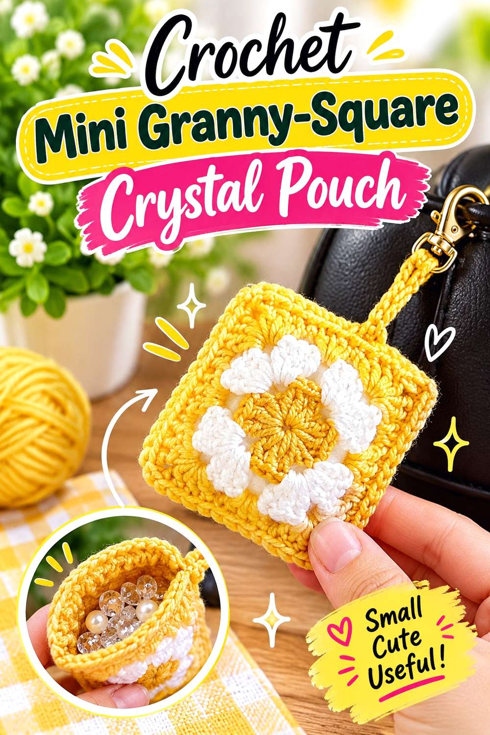 Crochet Mini Granny-Square Crystal Pouch