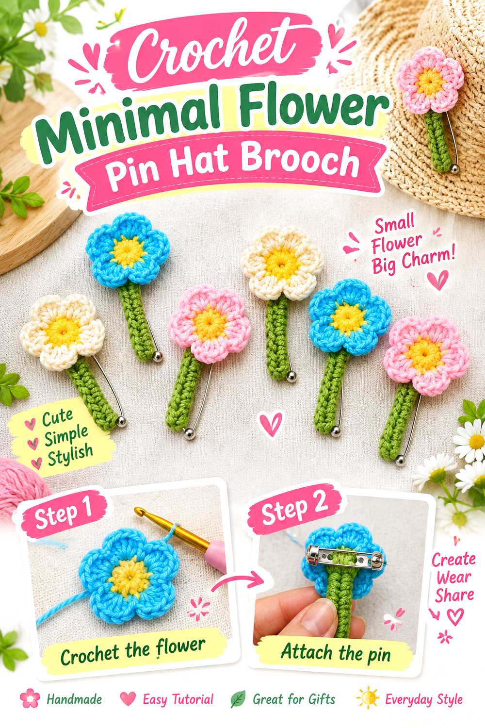 Crochet Minimal Flower Pin Hat Brooch