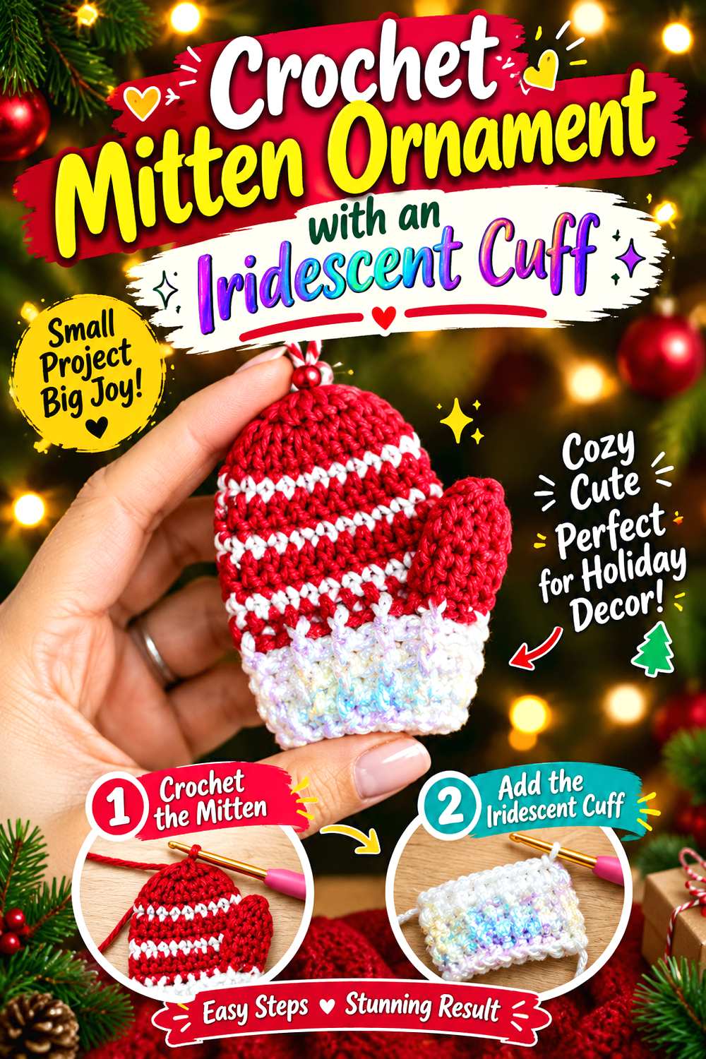 Crochet Mitten Ornament with an Iridescent Cuff
