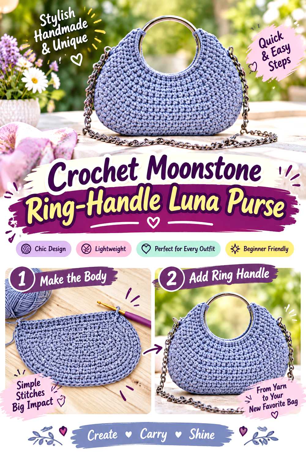 Crochet Moonstone Ring Handle Luna Purse
