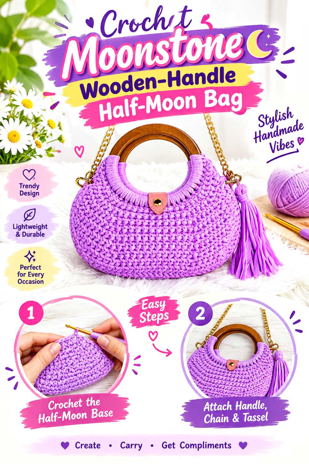 Crochet Moonstone Wooden Handle Half Moon Bag