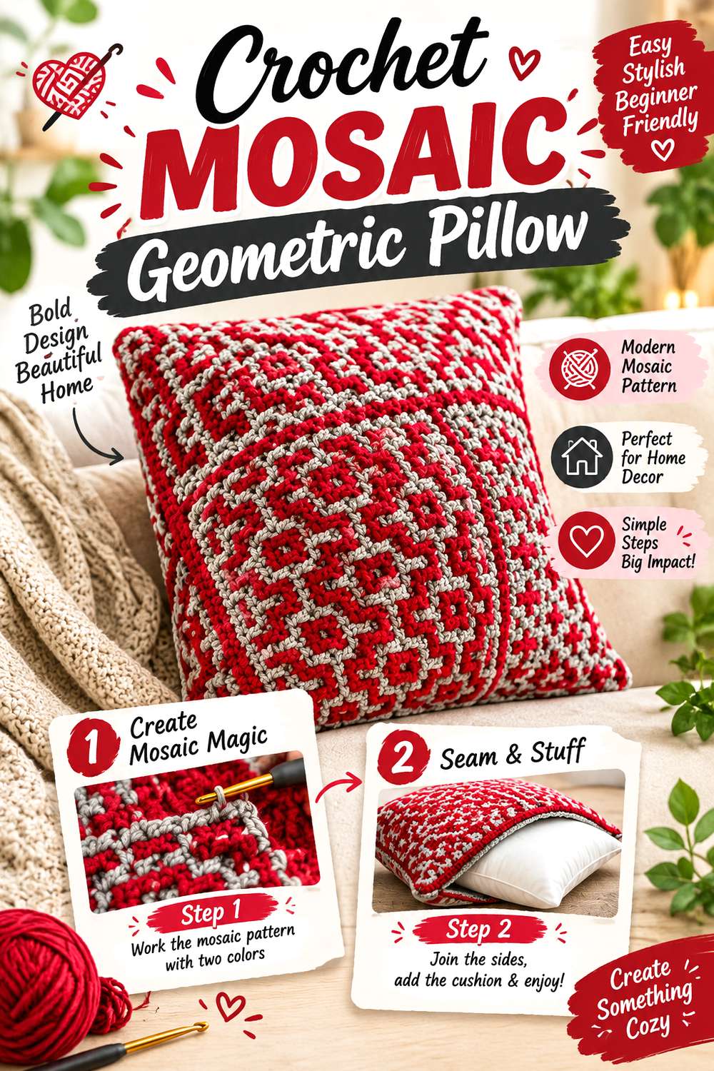 Crochet Mosaic Geometric Pillow