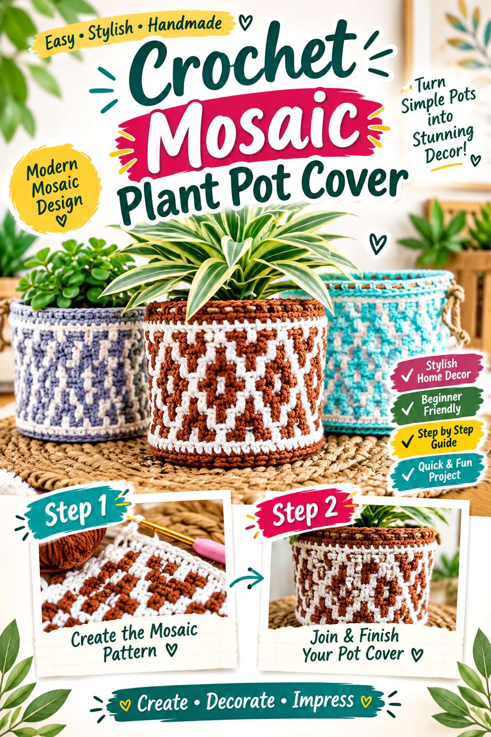 Crochet Mosaic Plant Pot Cover