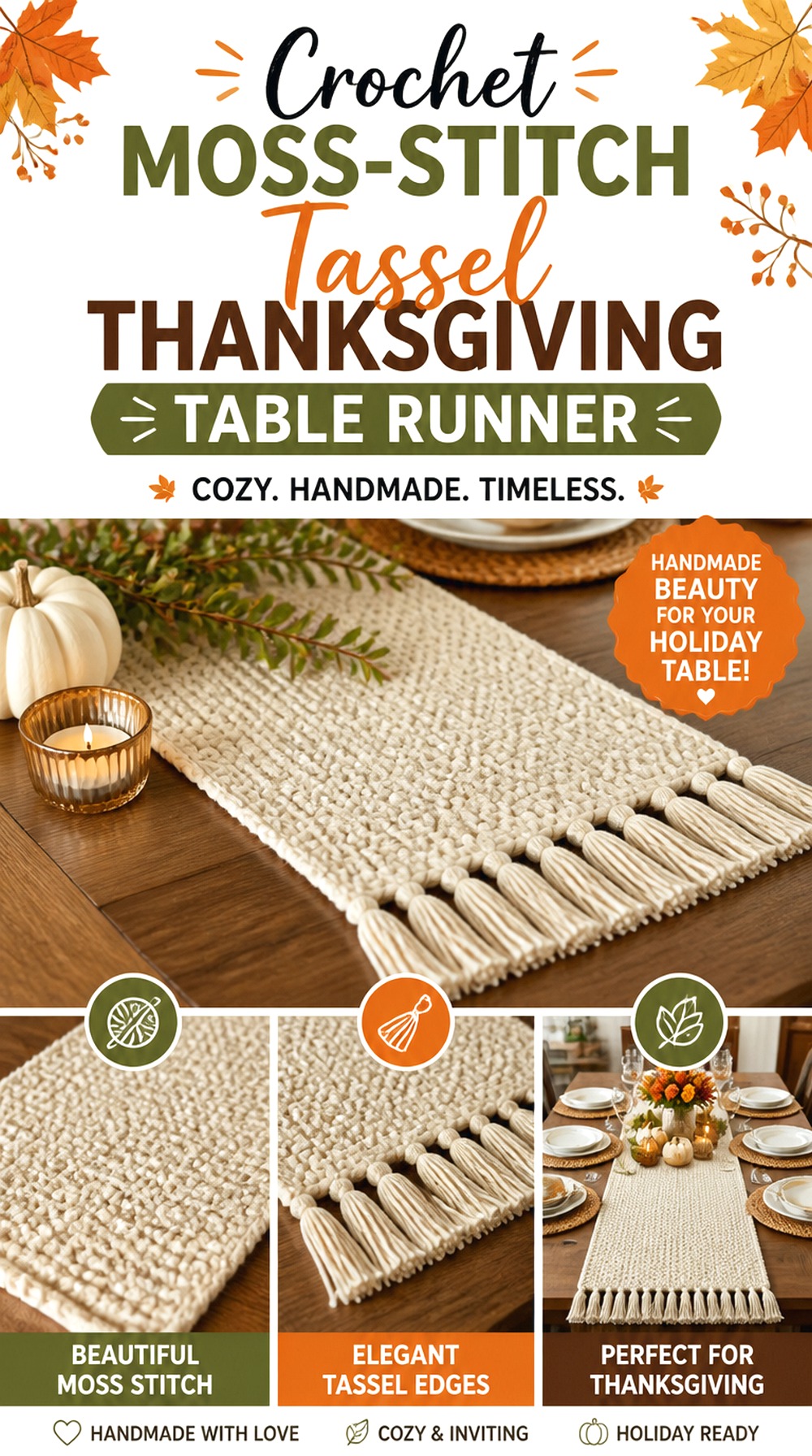 Crochet Moss Stitch Tassel Thanksgiving Table Runner