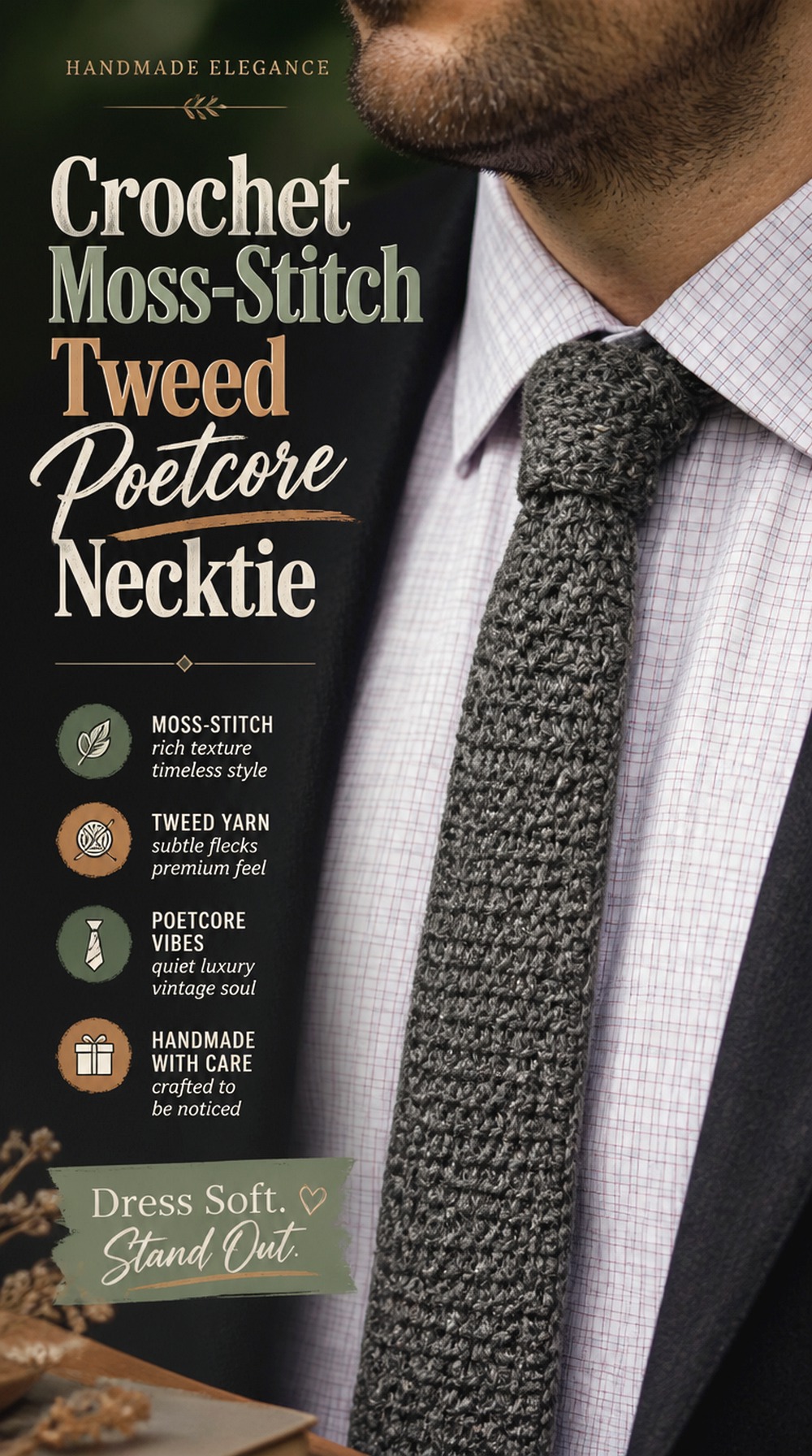 Crochet Moss Stitch Tweed Poetcore Necktie