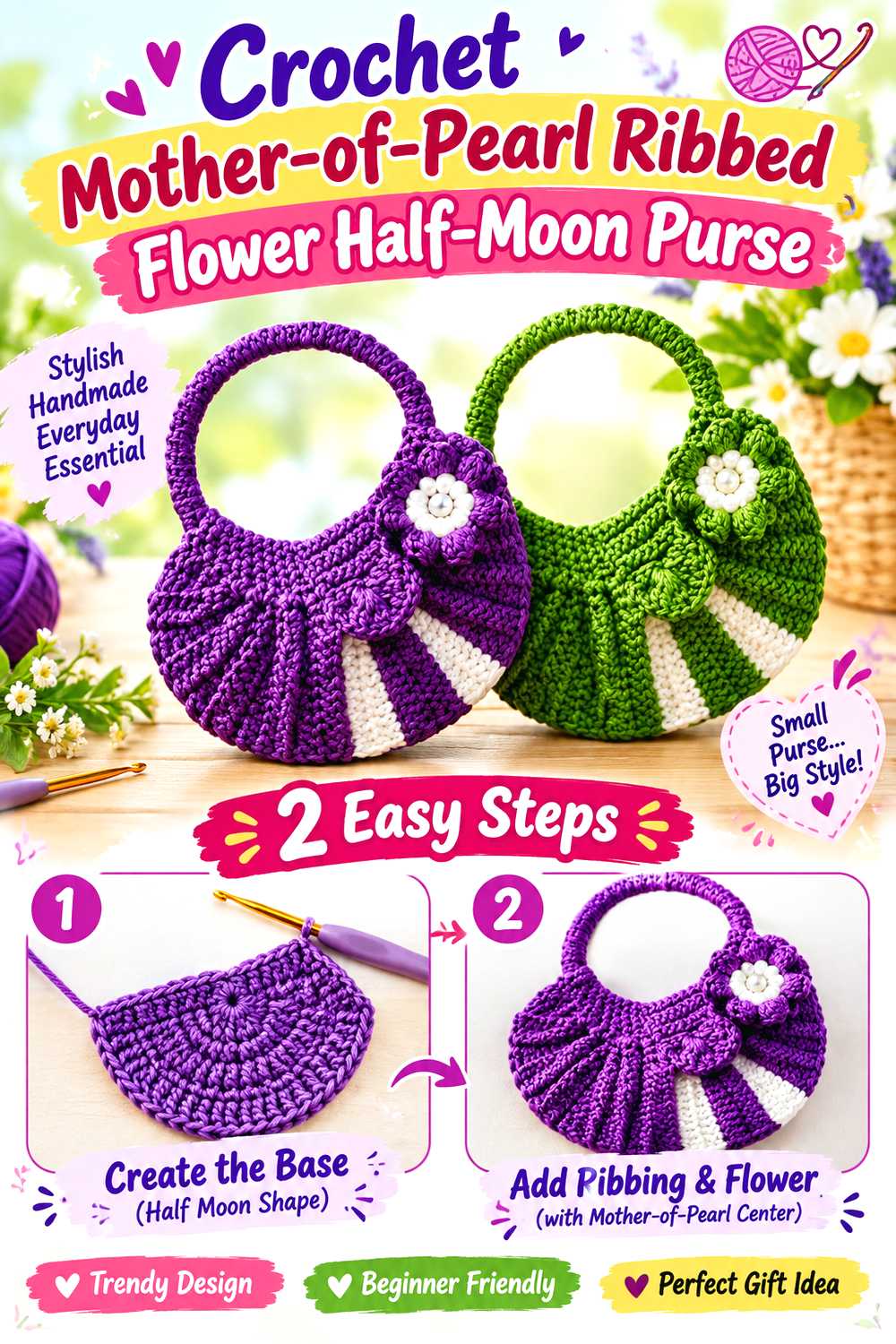 Crochet Mother of Pearl Ribbed Flower Half Moon Purse