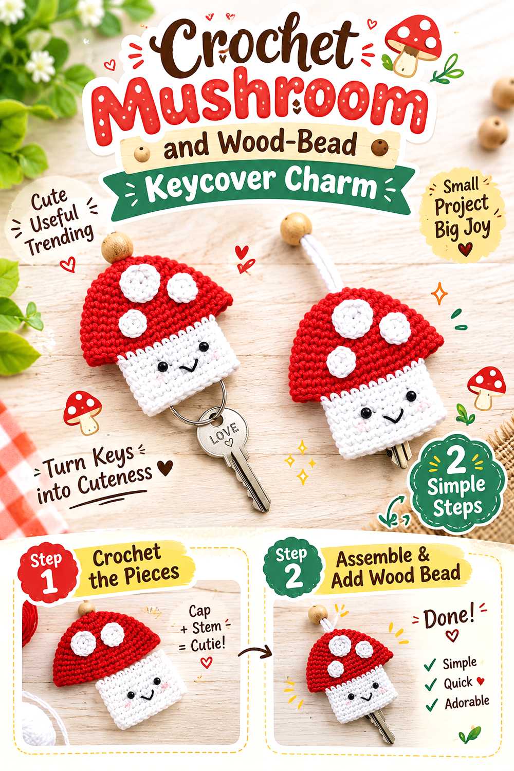 Crochet Mushroom and Wood Bead Keycover Charm