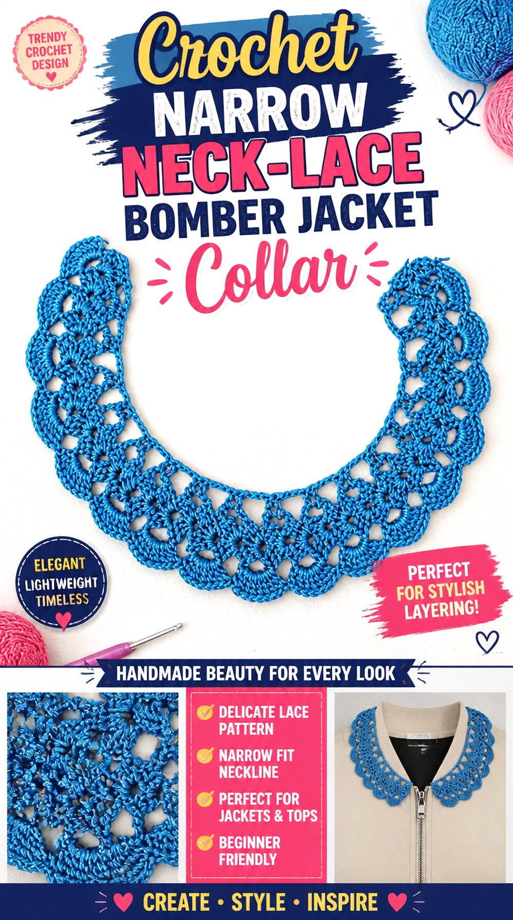 Crochet Narrow Neck Lace Bomber Jacket Collar