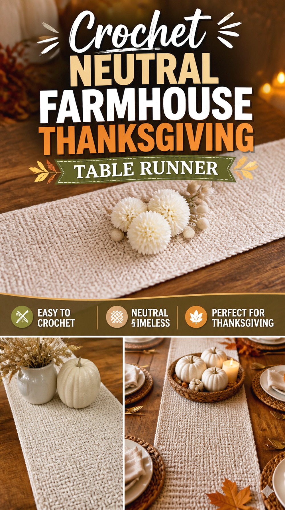 Crochet Neutral Farmhouse Thanksgiving Table Runner