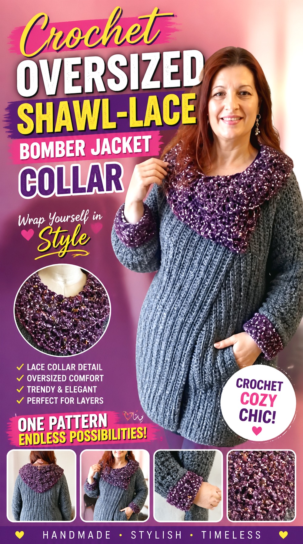 Crochet Oversized Shawl Lace Bomber Jacket Collar