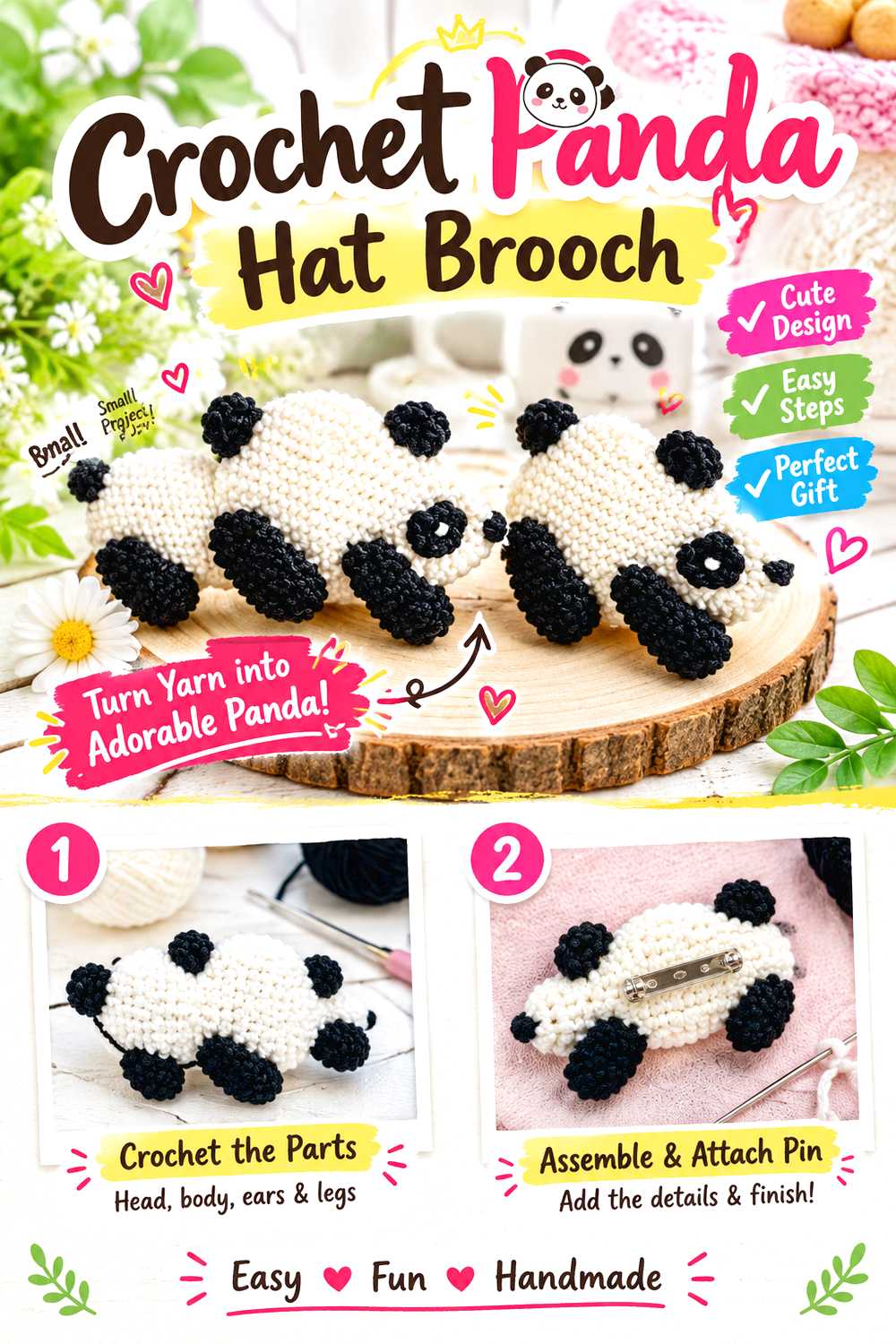 Crochet Panda Hat Brooch