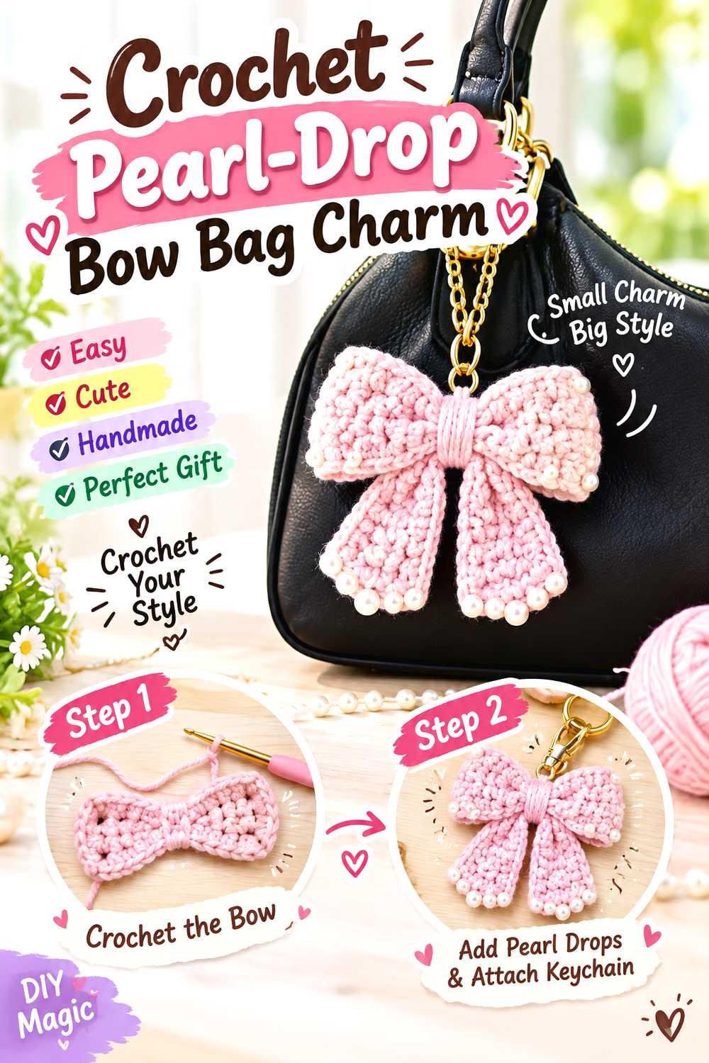 Crochet Pearl Drop Bow Bag Charm