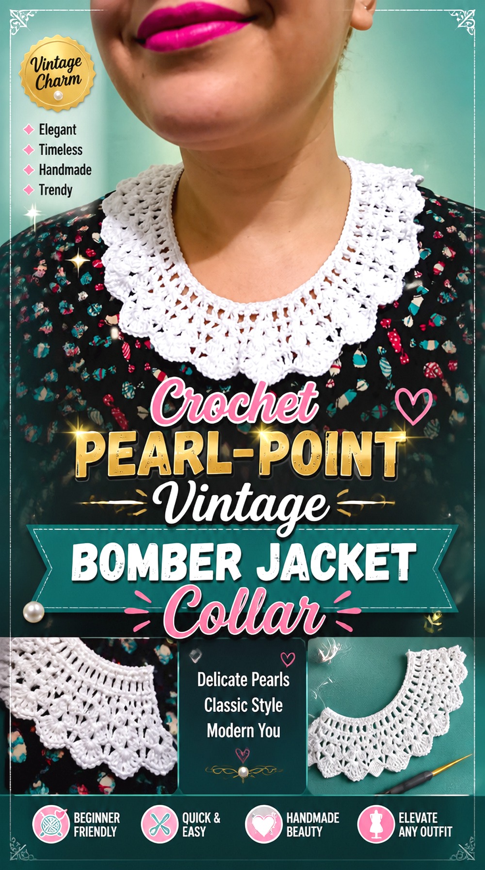 Crochet Pearl Point Vintage Bomber Jacket Collar