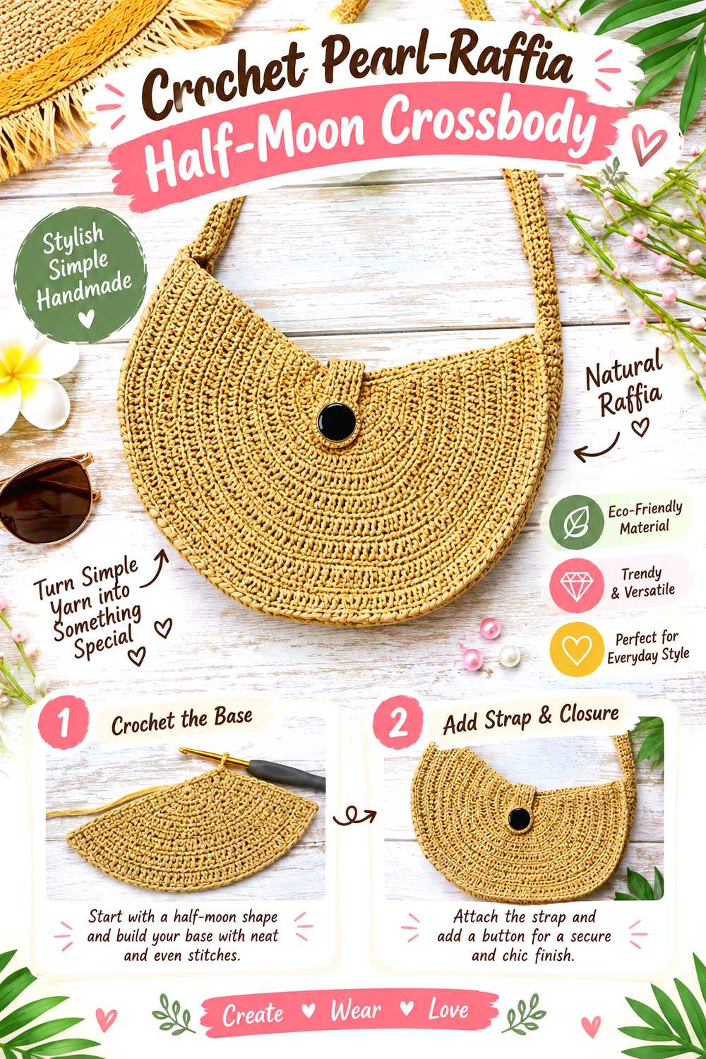 Crochet Pearl Raffia Half Moon Crossbody