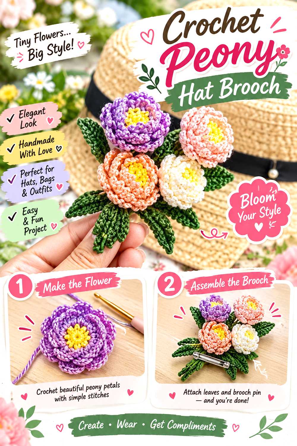 Crochet Peony Hat Brooch