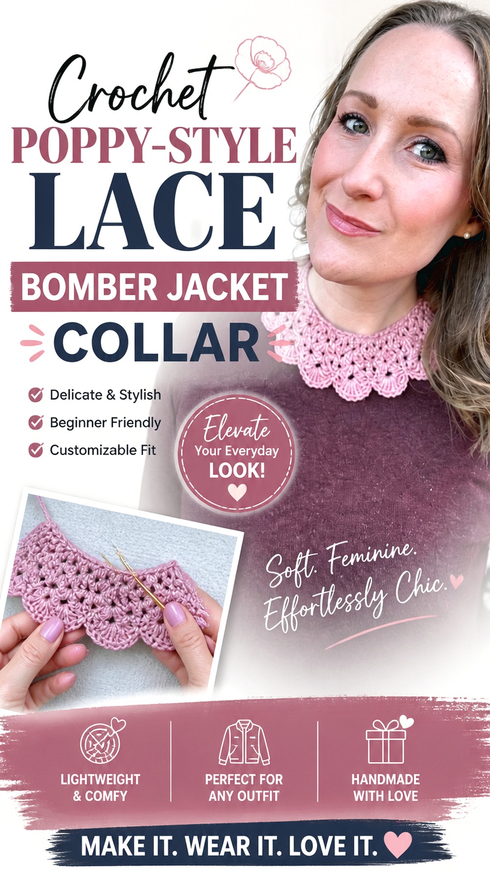 Crochet Poppy Style Lace Bomber Jacket Collar