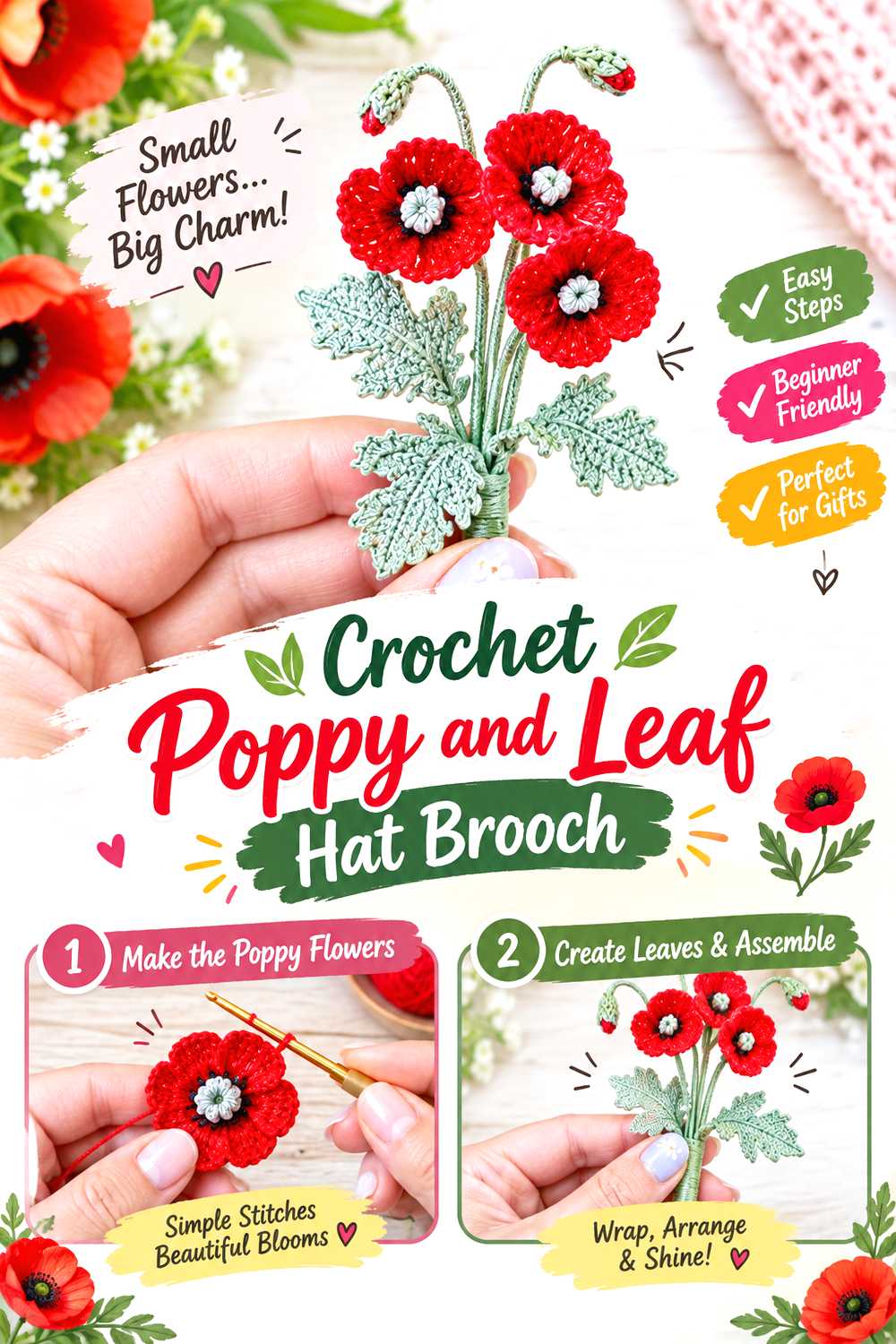 Crochet Poppy and Leaf Hat Brooch