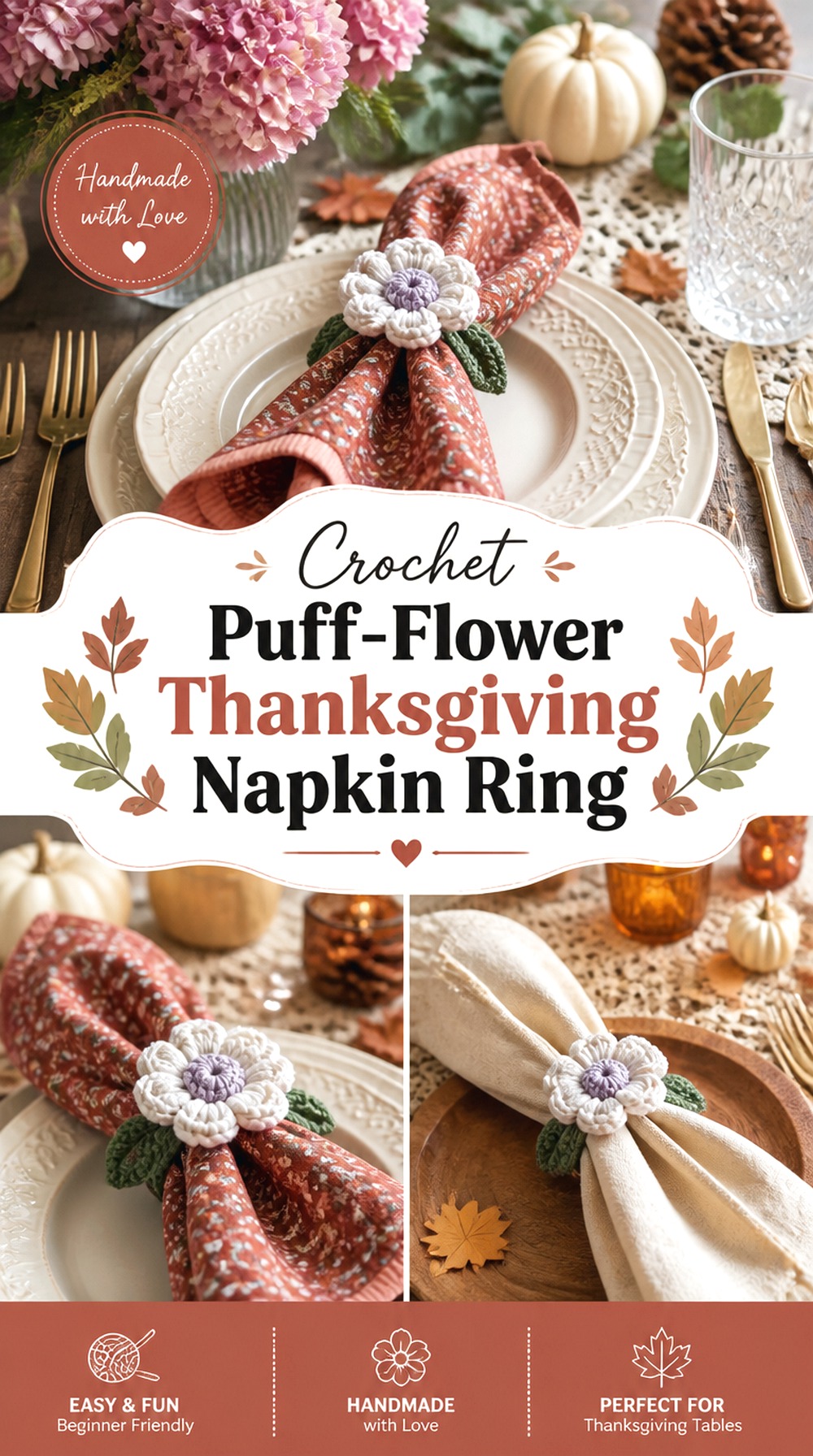 Crochet Puff Flower Thanksgiving Napkin Ring