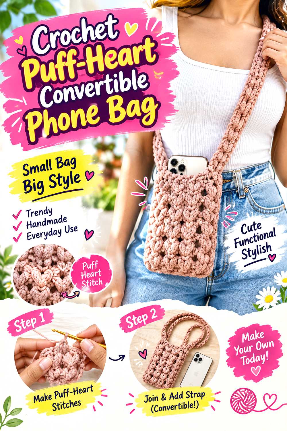 Crochet Puff Heart Convertible Phone Bag