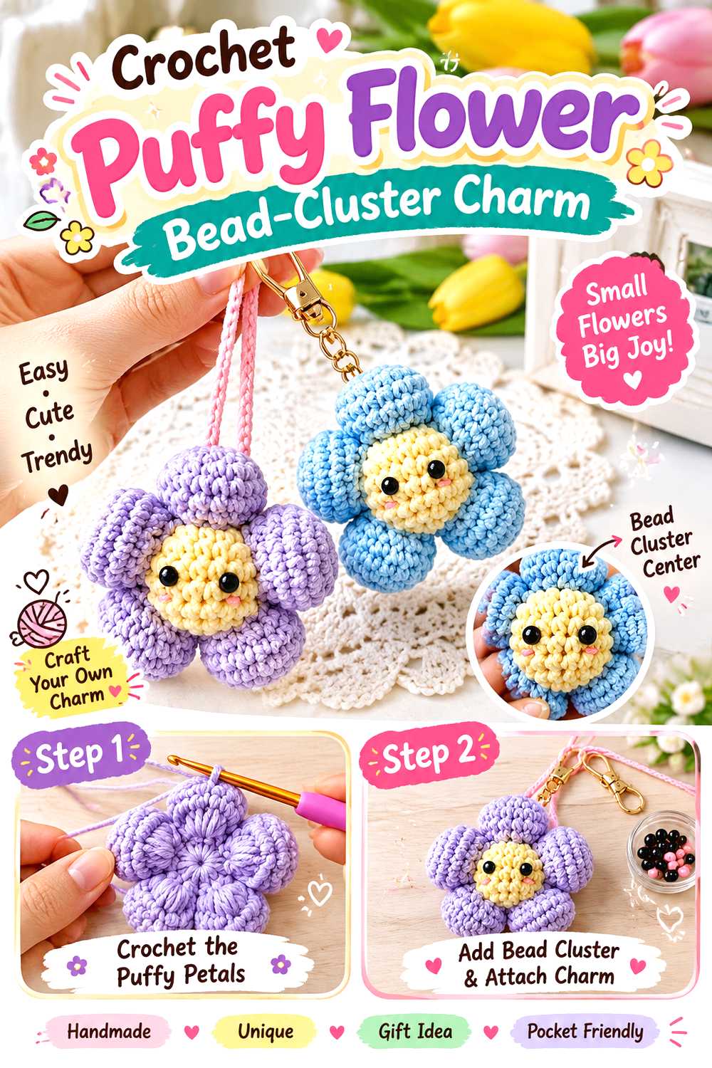 Crochet Puffy Flower Bead Cluster Charm