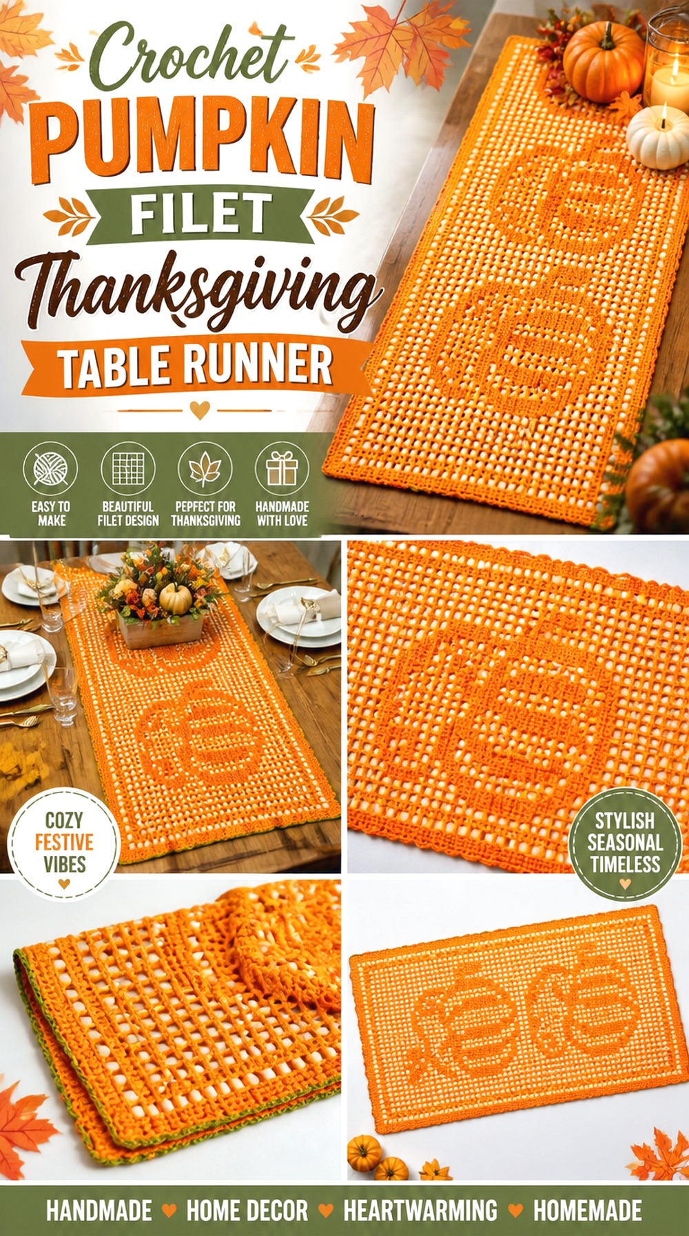 Crochet Pumpkin Filet Thanksgiving Table Runner