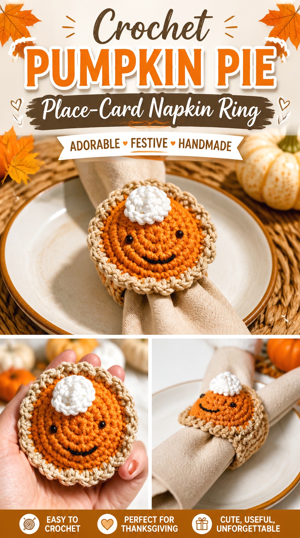 Crochet Pumpkin Pie Place Card Napkin Ring