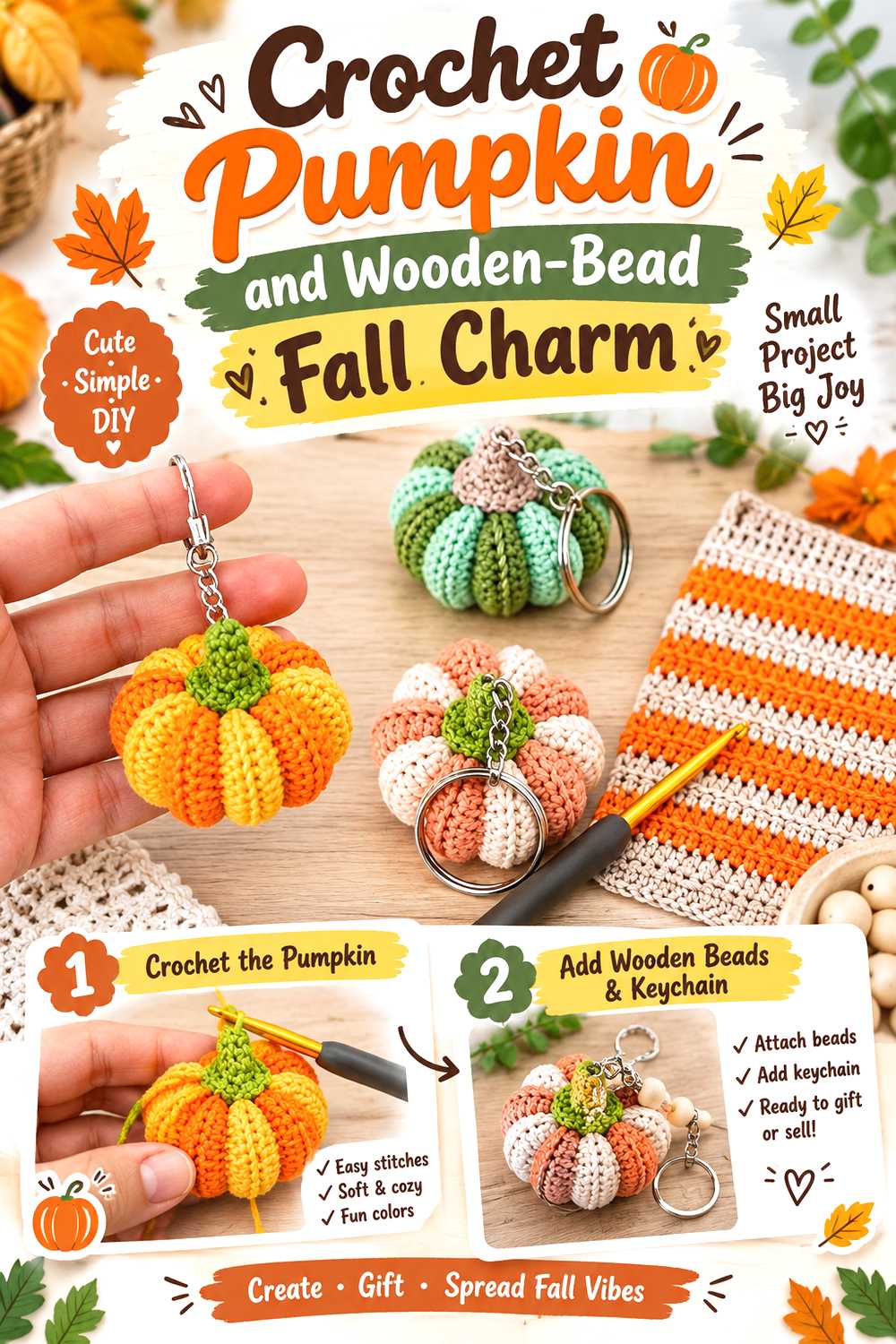 Crochet Pumpkin and Wooden Bead Fall Charm
