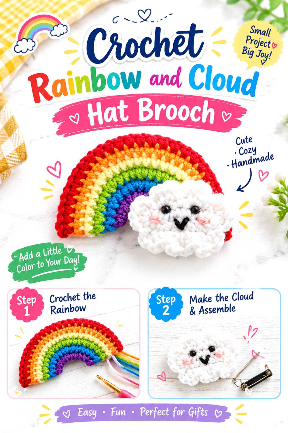 Crochet Rainbow and Cloud Hat Brooch