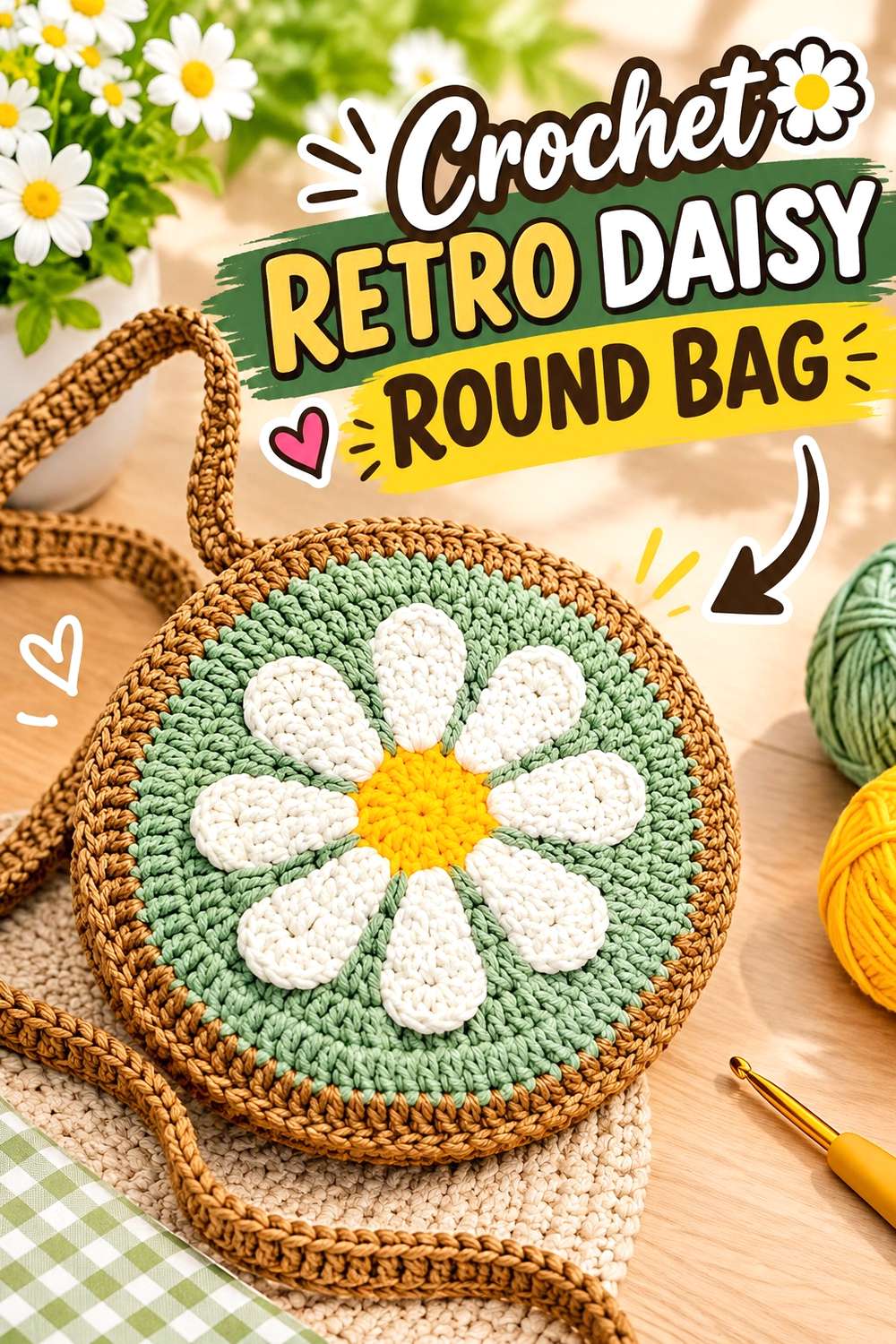 Crochet Retro Daisy Round Bag