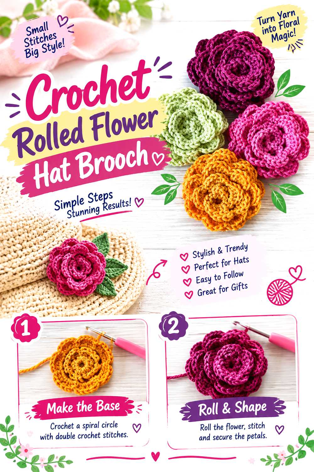 Crochet Rolled Flower Hat Brooch