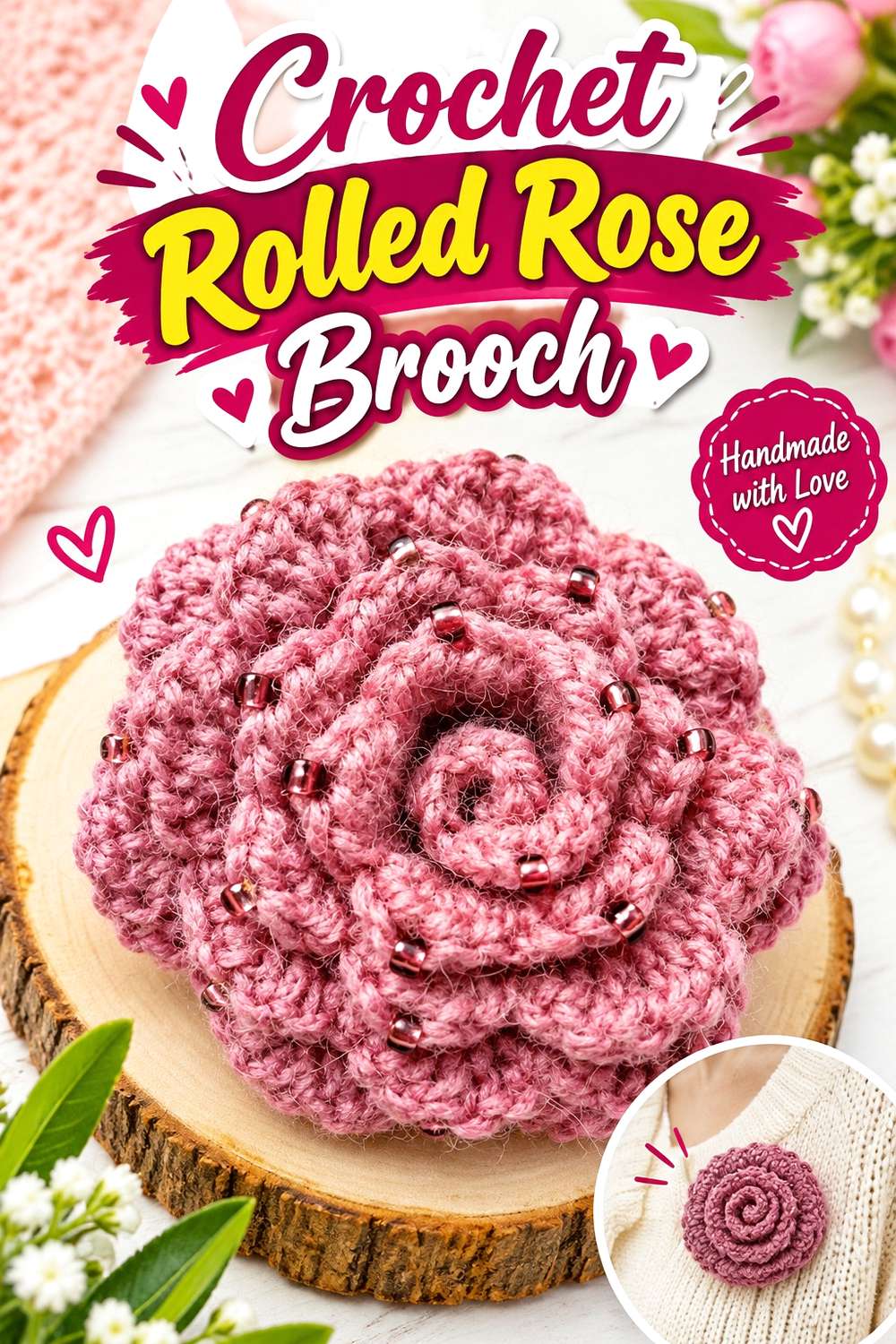 Crochet Rolled Rose Brooch